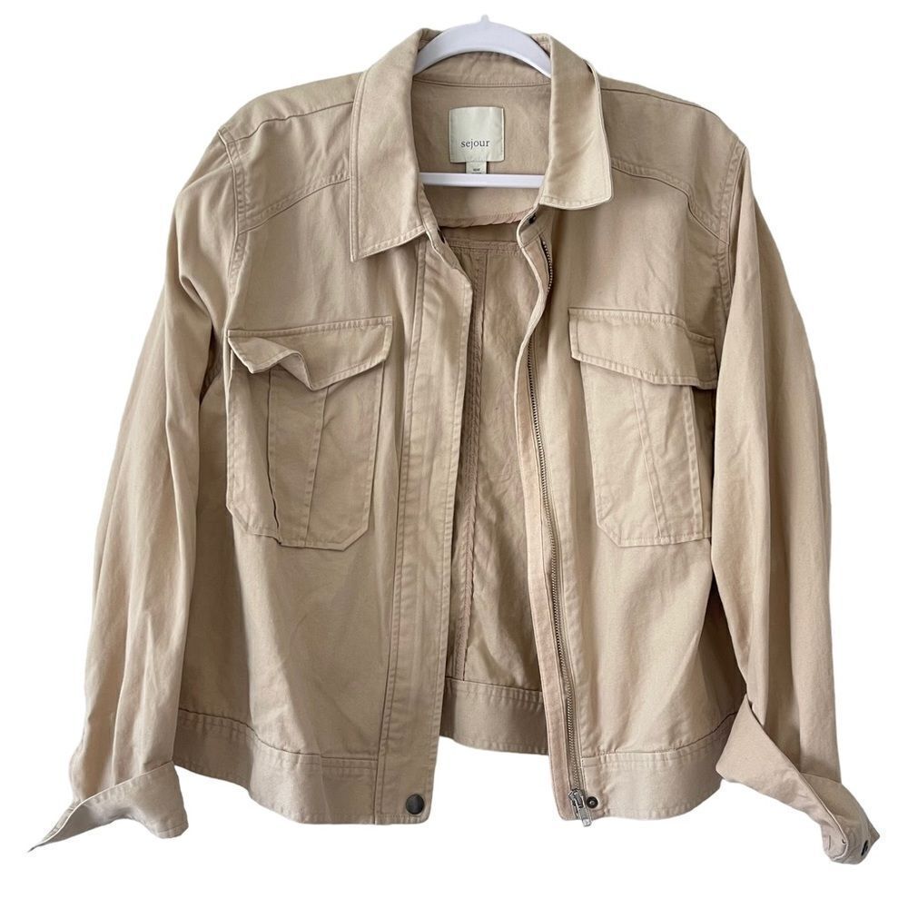Sejour Jacket Womens 18W Plus Size Tan Oxford Zip Cargo Pocket Crop Utility